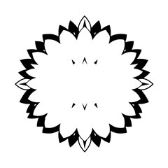 Symmetrical, black and white flower-like fractal in a white background.