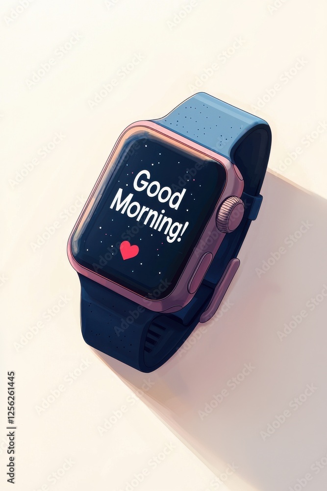 Poster digital smartwatch displaying a good morning message with a bright heart icon