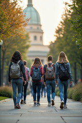 The image shows a group of students walking on a sidewalk, with backpacks on, heading towards a domed building in the background