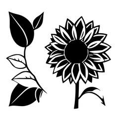 Black and white stylized illustration of a sunflower with leaves.