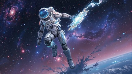 Fototapeta premium Futuristic astronaut in white armor with glowing blue visors holding a crystalline map of the stars surrounded by vibrant nebulas in space