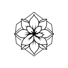 Intricate black and white flower illustration with a symmetrical, geometric design, a minimalist, elegant floral motif.