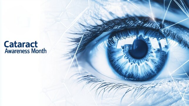 Cataract awareness month banner with eye illustration promoting medical education and health awareness in a professional design