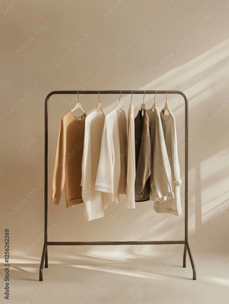Aufkleber minimalist clothing rack showcasing neatly arranged garments in a modern setting. generative ai