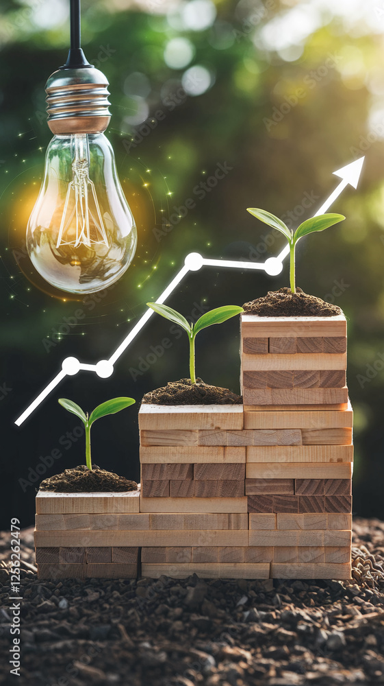 Poster a vertical image showing plant growth with wooden blocks and a light bulb symbolizing sustainability