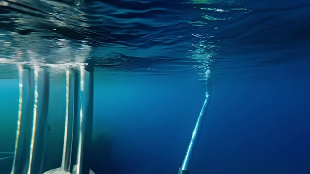 Geothermal energy infrastructure releasing scalding water through underwater metal pipes, generating mesmerizing fluid dynamics against deep blue marine environment