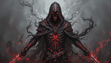 Mysterious shadow clad assassin with fiery eyes and glowing runes wielding obsidian daggers in a fractured void
