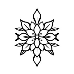 Black and white floral mandala, symmetrical design with intricate details, centered on a white background.
