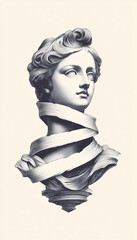 Bound by Time: A timeless Grecian bust sculpted in black and white, adorned with flowing ribbons. The composition captures the beauty of classical art.