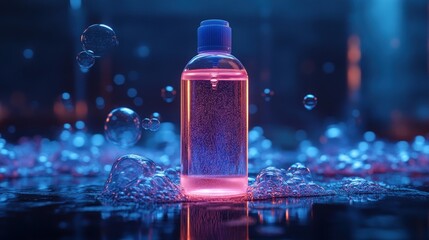 Pink liquid bottle, bubbles, dark background, hygiene product