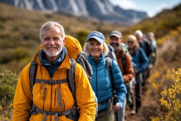 A group of elderly hikers is trekking through stunning mountain trails, soaking in the beauty of nature and the vibrant colors of autumn
