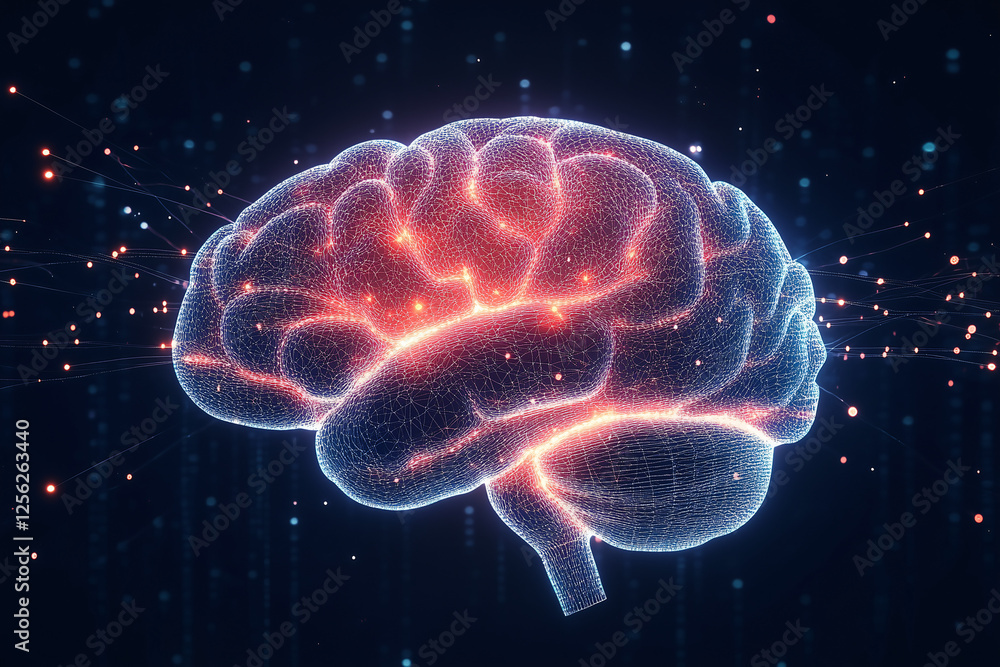 Poster illuminated brain: a mesmerizing digital rendering of a human brain, glowing with vibrant red and bl