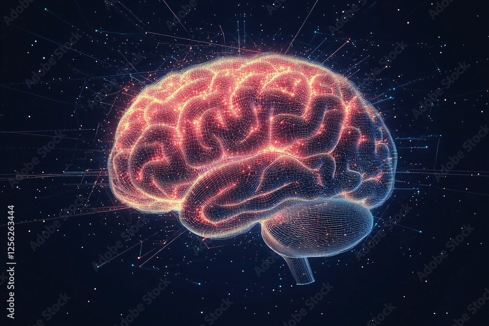 Poster Illuminated Brain: A mesmerizing digital rendering of a human brain, glowing with vibrant energy and intricate neural pathways, set against a cosmic backdrop.  The image symbolizes intelligence.