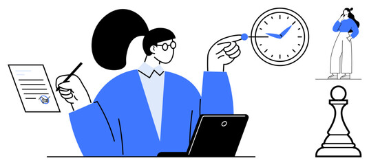 Professional analyzing paperwork, gesturing at clock, holding pen. Ideal for business strategy, time management, productivity, decision making, goal setting, strategy execution project planning