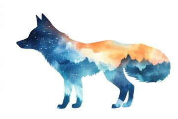 Watercolor fox silhouette against cosmic landscape artistic expression digital art nature creative concept, isolated on white background