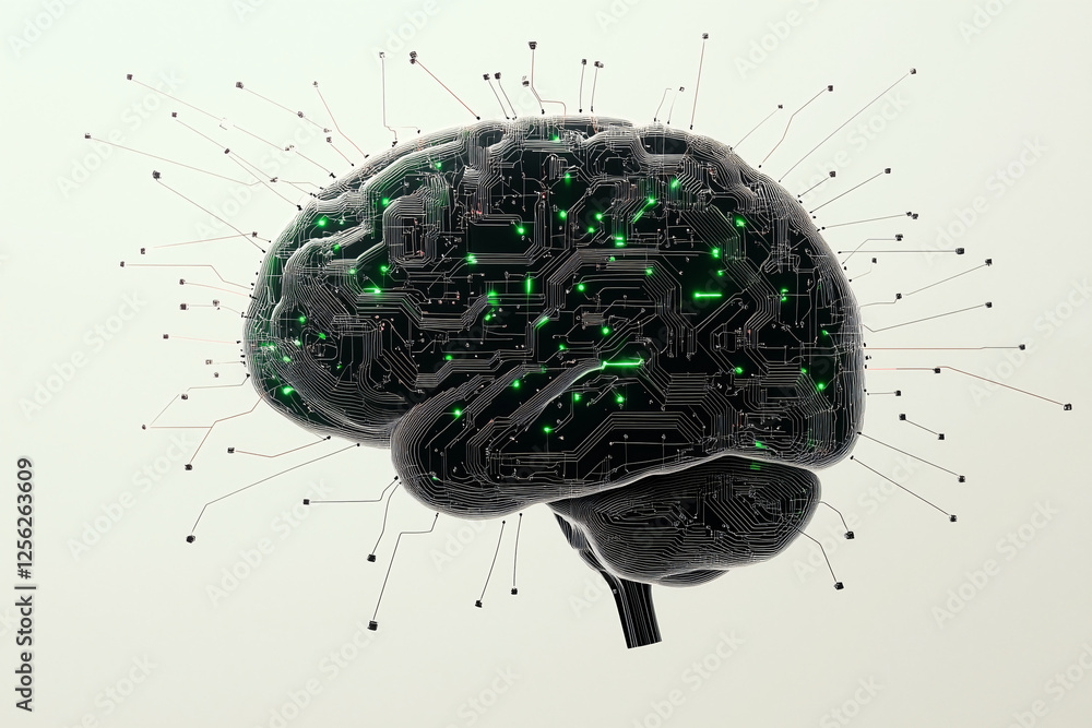 Poster cybernetic brain: a 3d rendering of a human brain intricately interwoven with glowing green circuit 