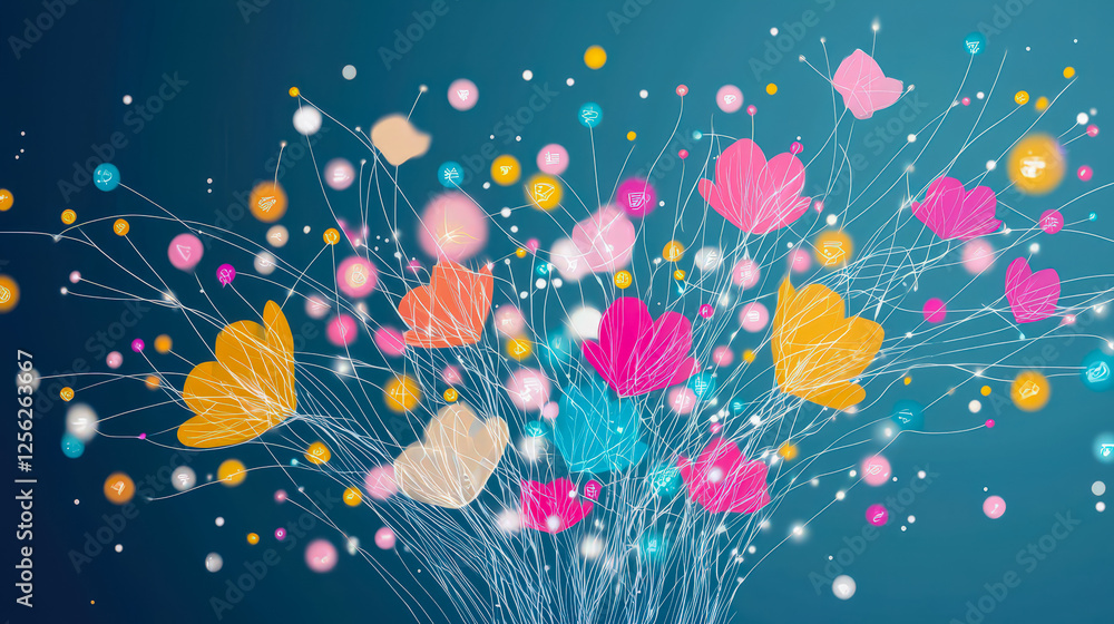 Poster colorful flowers and butterflies create a vibrant abstract design on a blue background showcasing ar