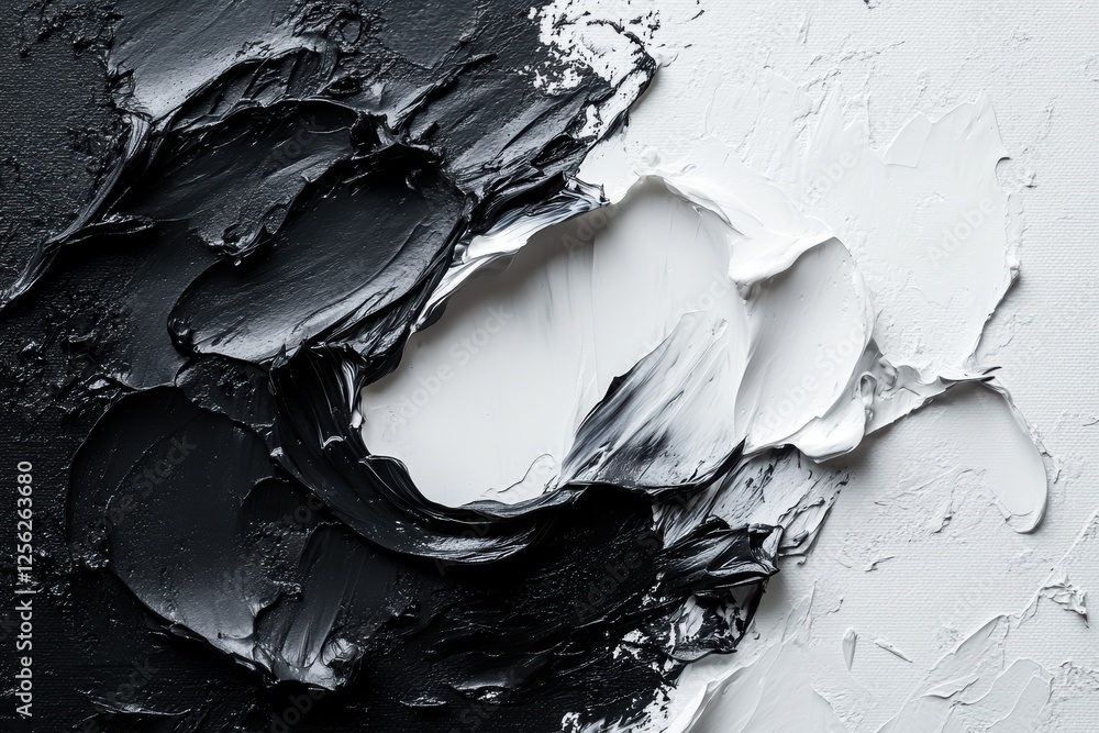 Poster Abstract texture of black and white paint layered on canvas, showcasing unique brush strokes and artistic expression in a contemporary style.