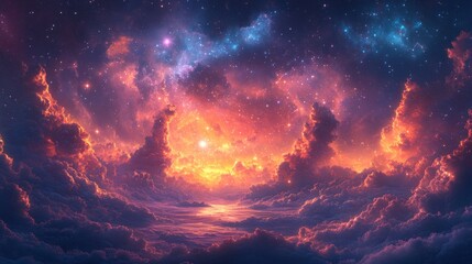Fototapeta premium Experience a breathtaking cosmic landscape showcasing vibrant colors, swirling clouds, and a horizon glowing with interstellar light