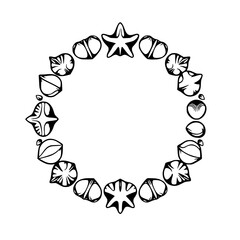 Ornamental ring of assorted shells: starfish, mollusks, and other forms.