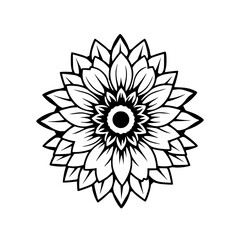 Sunflower Mandala: A detailed, black-and-white illustration of a stylized sunflower with a central core of dark circles.