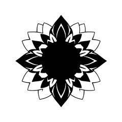 A stylized graphic depicts a symmetrical black and white flower, floral silhouette against white background.