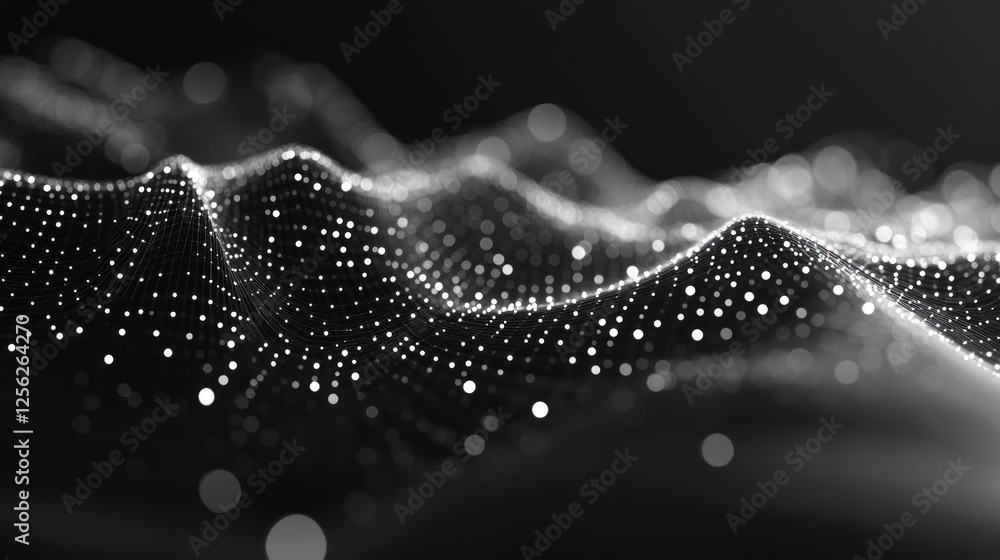 Poster digital background showcases complex wave patterns with luminous particles, perfect for futuristic a