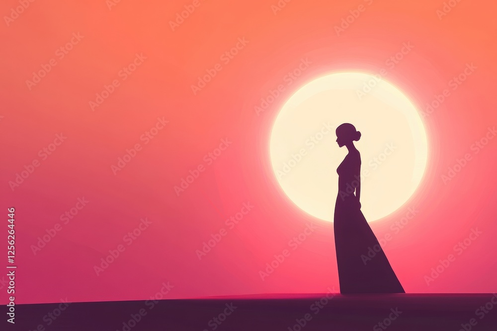 Poster Silhouette of a model against a glowing sunset with space for text. Generative AI