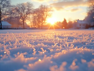 Golden Hour's Embrace: Frost-Kissed Landscape Aglow with Sunrise, Capturing the Delicate Beauty of Winter's Touch, Tranquility, and the Dawn's Serene Radiance