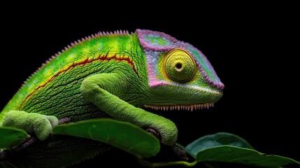 Vibrant Chameleon on Green Leaves