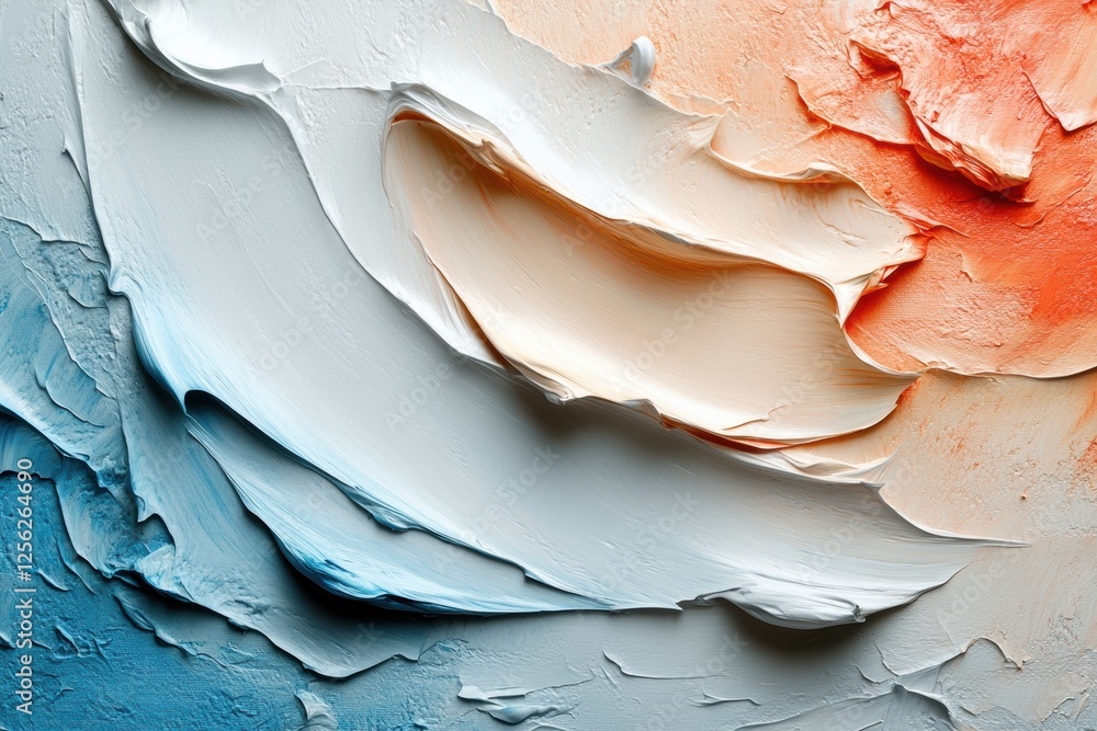 Poster an abstract design featuring smooth, textured layers in pastel colors of blue, peach, and cream, per