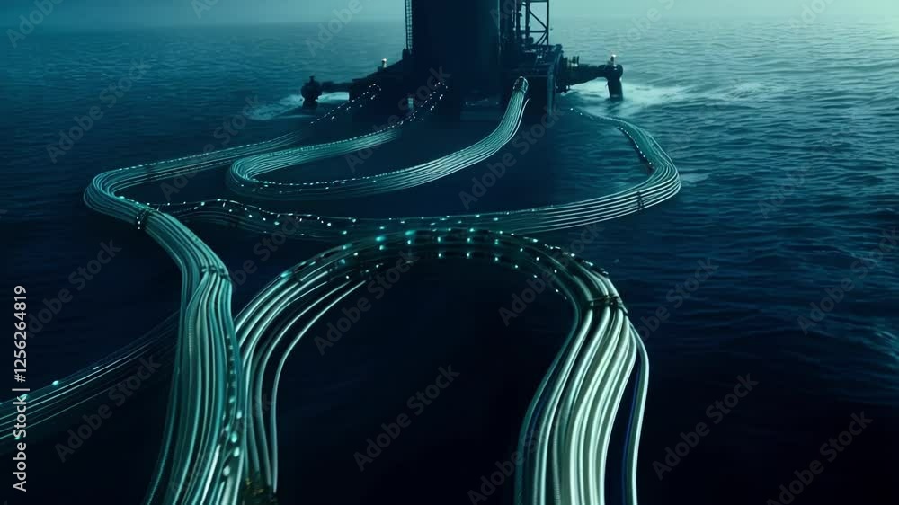 Poster glowing pipes transporting energy or data connect an offshore platform to the mainland, creating a f