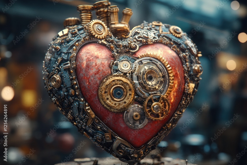 Poster this mechanical heart features an intricate arrangement of gears and cogs, exemplifying a blend of a