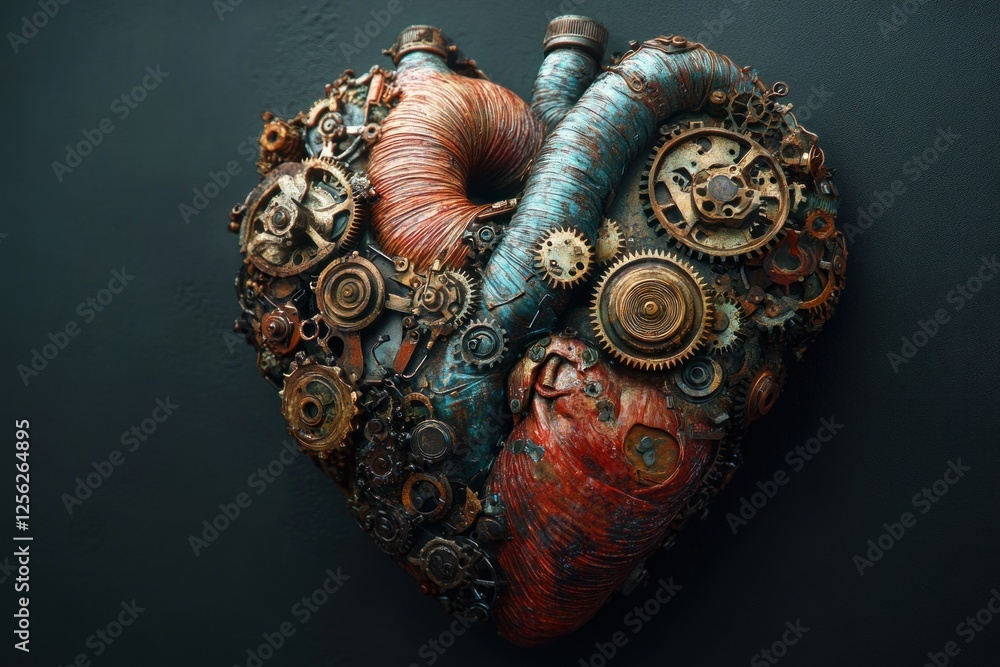 Poster a detailed mechanical heart showcases an elaborate arrangement of gears and cogs, blending artistry 