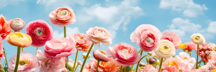 Fototapeta premium Colorful ranunculus flowers bloom vibrantly under a bright blue sky in a spring garden