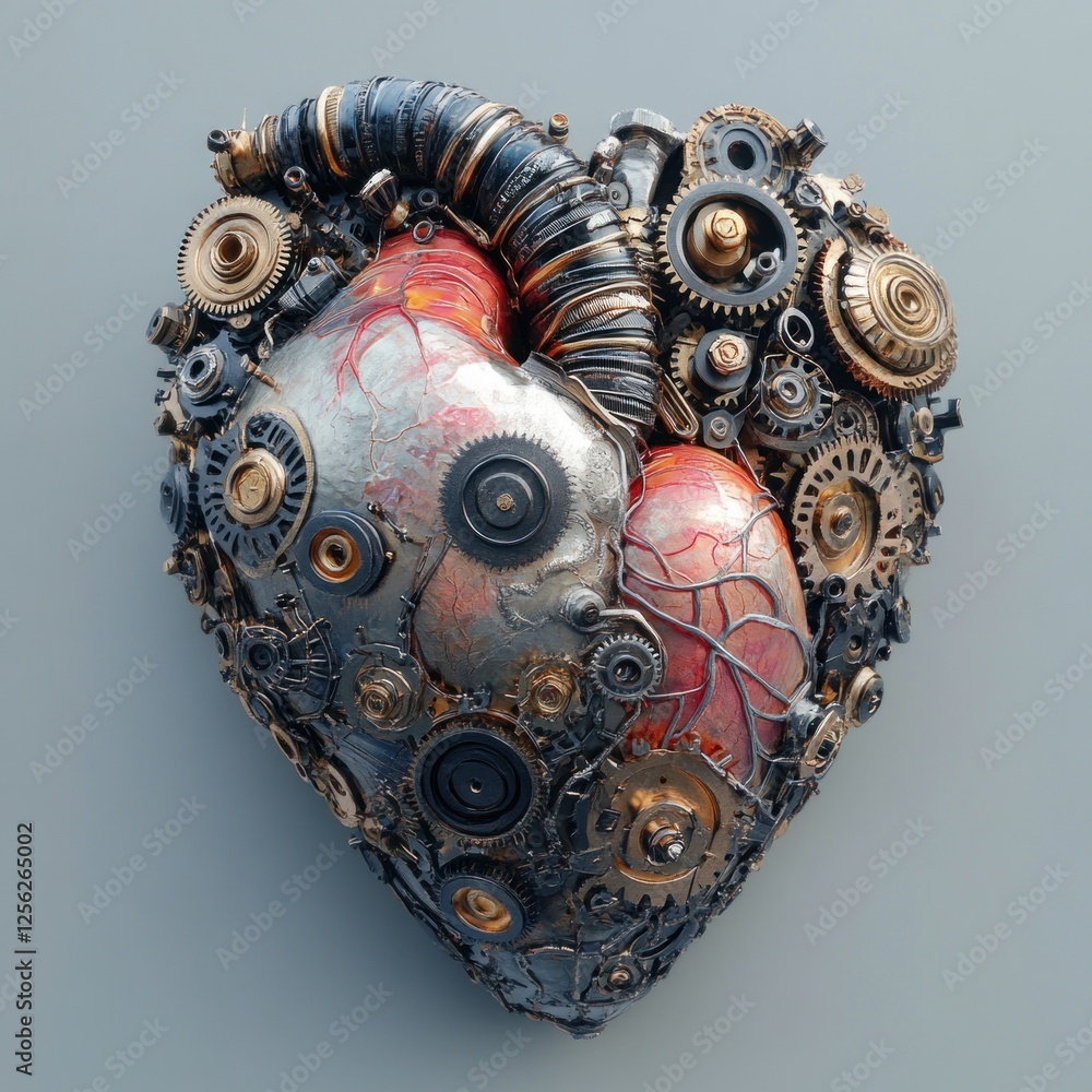 Poster artistic representation of a mechanical heart featuring various gears and cogs, showcasing an innova