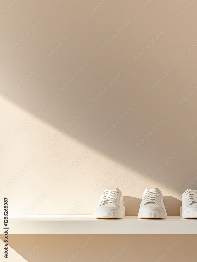 Poster stylish sneakers displayed neatly on a minimalist shoe shelf with ample blank space for customizatio