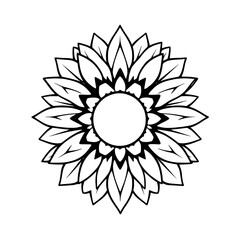 Bold, black-and-white sunflower graphic; showing centered composition with a minimalist approach.
