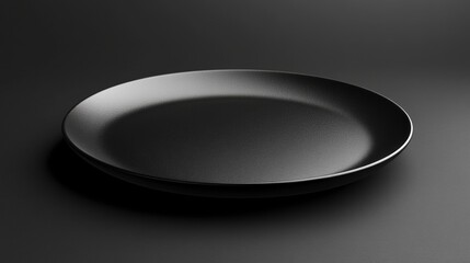 Black empty ceramic plate on dark background with minimalist design and soft lighting