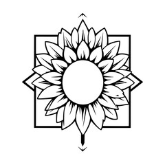 Stylized Sunflower Mandala with Geometric Square Frame and Arrows.