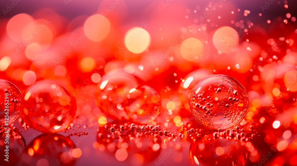 Poster Bright red bubbles reflect light on a smooth surface creating an artistic and colorful display
