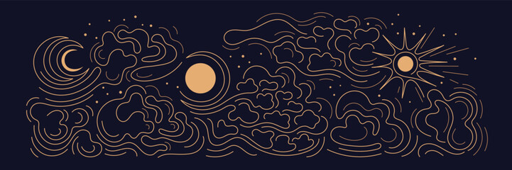 Sun, moon, wind, cumulus clouds. Change of phases