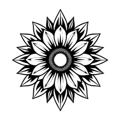 Symmetrical sunflower illustration: black and white, showing details like the core and petals, evoking a sense of calm.