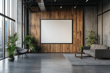 Spacious office space designed for collaboration, showcasing a wooden wall perfect for display and a comfortable seating area for team meetings