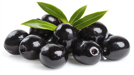 A close-up shot of a bunch of ripe black olives with green leaves. Ideal for use in cooking, Mediterranean cuisine, or food-themed projects.