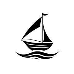 Minimalist monochrome sailboat floating on stylized waves.