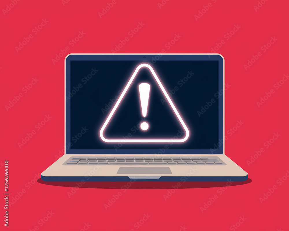 Poster close-up of a laptop displaying a neon warning alert icon on the screen, symbolizing an online secur