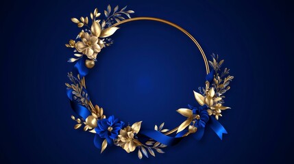 Elegant Gold and Blue Floral Wreath - A luxurious gold circular frame adorned with blue and gold floral elements and ribbons, perfect for invitations, announcements, or branding