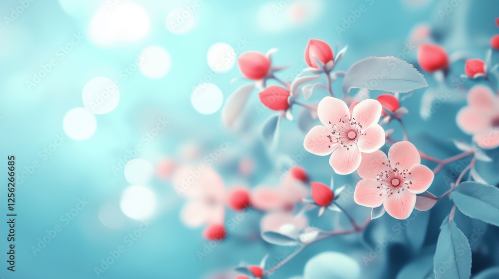 Poster beautiful spring border blooming rose bush with ample copy space for text insertion