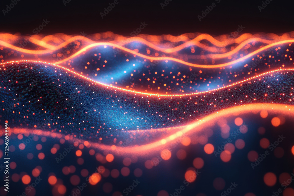 Poster abstract waves made in digital style. they shimmer with bright neon shades of orange and blue, creat